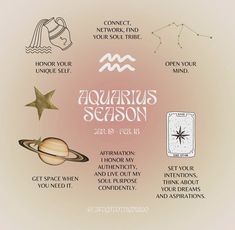 the zodiac sign for aquarius season is shown in this graphic above it's description