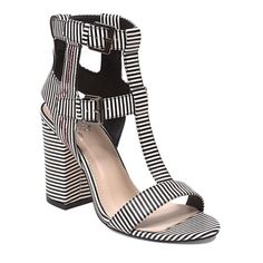 Nib Boasting Pinstripes. 4”Stacked Heel. Buckle Closure #Bi-6182 Striped Open Toe Sandals For Summer, Striped Open Toe Casual Sandals, Casual Striped Open Toe Sandals, Chic Striped High Heel Shoes, Chic Striped High Heel, Chic Striped High Heels, Chic Striped Summer Heels, Black & White, Stacked Heel