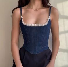 Corset Underbust, Crop Top Camisole, Denim Bustier, Denim Corset Top, Vintage Corset, Denim Corset, Jean Vest, Bustier Top