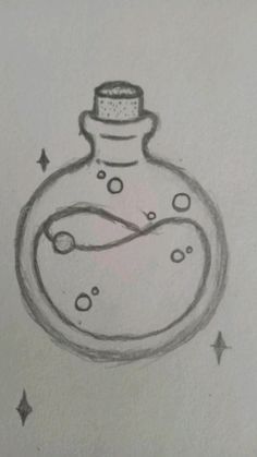 a drawing of a bottle with bubbles and stars on the bottom is shown in black ink