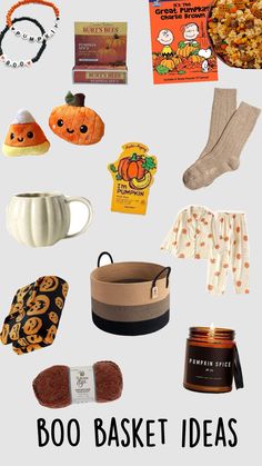 a bunch of items that are on top of a white background with the words boo basket ideas