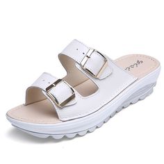 Casual Women Sandals Genuine Leather Summer Flats Shoes Women Fashion Platform Wedges Female Beach Slipper Size 35-43 Summer Wedge Sandals With Buckle Closure, Slip-on, White Platform Footbed Sandals, Vacation Toe Post Wedge Sandals With Buckle Closure, White Toe Post Sandals With Buckle Closure, White Closed Toe Sandals For Outings, Beach Toe Post Wedge Sandals With Buckle Closure, Toe Post Wedge Sandals With Buckle Closure For Beach, Beach Wedge Sandals With Buckle Closure And Toe Post, White Slip-on Sandals For Outings