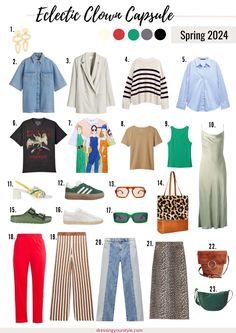 If you're looking for a fun, colorful maximalist capsule wardrobe for this spring/summer, look no further than my clown-inspired capsule that incorporates some edgy style and quirky style. There are 23-pieces, lots of pattern mixing, stripes and bright colors in this eclectic capsule wardrobe! Check out this fun capsule, shoppin links + 32 outfit combinations at dressingyourstyle.com Eclectic Style Clothing, Edgy Capsule Wardrobe, Pattern Mixing Outfits, Eclectic Clothing Style, Eclectic Fashion Style, Colorful Maximalist, Colorful Summer Outfits, Eclectic Outfits, Bright Colored Outfits