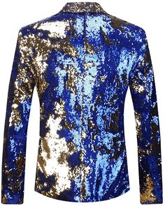 This men's blazer is the perfect addition to any wardrobe. Crafted from a luxurious polyester blend, it features a stylish two-color design with gold and royal blue sequins for a sophisticated, sparkling look. It is lightweight and comfortable, making it ideal for formal or casual occasions. Button closure Machine Wash 1, two colors Sequins for one item. you can change it to be another color by yourself. 2, Suitable for: stage, bar, wedding, party and so on. 3, WASH IN WATER or dry-clean. DON'T Winter Party Blue Blazer, Blue Long Sleeve Blazer For Evening, Blue Fitted Blazer For Night Out, Gold Sequined Blazer For Fall, Gold Long Sleeve Blazer For Party Season, Gold Sequin Blazer For Fall, Fitted Royal Blue Blazer For Fall, Fitted Blue Blazer For Night Out, Royal Fitted Blazer For Party