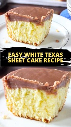 two pieces of white texas sheet cake with chocolate fudge frosting on top and bottom