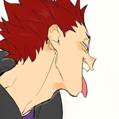 an anime character with red hair sticking out his tongue