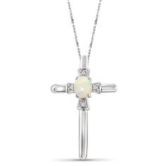 Unlike other cross pendants for women that turn out to be made of low-quality materials that break, rust, and become discolored, the JewelExcess Cross Pendant is expertly crafted out of 14k Gold over .925 Sterling Silver, for a stunning, premium-quality gold pendant necklace that lasts and lasts. Featuring a gorgeous 4k Genuine Opal stone centerpiece surrounded by real .01 ctw White Diamond accents, this gold cross pendant simply glows with elegance and impeccable workmanship. While other cross Sterling Silver Cross Pendant Necklace, Silver Cross Jewelry With Birthstone, Sterling Silver Crucifix Cross Necklace, White Sterling Silver Cross Jewelry, Sterling Silver Cross Necklace With Birthstone, White Sterling Silver Cross Pendant Jewelry, Silver Cross Pendant Necklace With Birthstone, Sterling Silver Crucifix Necklace In Fine Jewelry Style, Fine Sterling Silver Crucifix Necklace