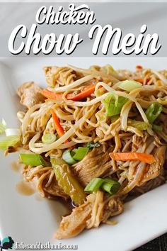 chicken chow mein on a white plate with chopsticks in the foreground and text overlay