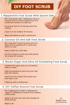 DIY Foot scrub Foot Scrub Recipe, Body Scrub Homemade Recipes, Foot Soak Recipe, Diy Sugar Scrub Recipe, Diy Skin Care Recipes, Foot Scrub