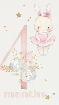 the number four is decorated with pink and gold decorations, including a bunny in a tutu