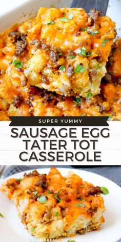 sausage egg tater tot casserole on a white plate with text overlay