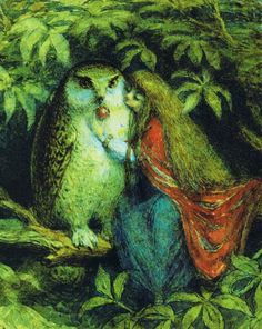 an image of two owls kissing in the woods