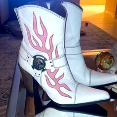 Dolls Kill New Rock Metal Heal Cowboy Ankle Boots White Pink Flame Size 9 Worn Twice Dolls Kill Shoes, Cowboy Ankle Boots, Boots White, Rock Metal, New Rock, Dolls Kill, Bootie Boots, Pink White, Shoe Boots