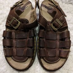 Dr. Martens Sandals Size 13 Euc - Excellent - Tried On, Never Worn Outside Brown Casual Ankle Strap Sandals, Vintage Slip-on Sandals With Buckle, Vintage Slip-on Sandals With Buckle Closure, Vintage Brown Sandals With Leather Footbed, Casual Brown Sandals With Round Toe, Casual Brown Round Toe Sandals, Brown Closed Toe Sandals With Leather Footbed, Brown Leather Footbed Sandals With Round Toe, Brown Sandals With Leather Footbed And Round Toe