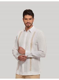 Formal Presidente Guayabera.Gold EMbroidery Design Shirt For Men, Guayabera Dress, Mexican Wedding Shirt, Mens Beach Wedding Attire, Beach Wedding Bridesmaid Dresses, Beach Wedding Attire, Mens Wedding Attire, Tropical Outfit, Mexican Shirts