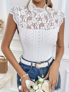 F00280678-102 Layered Lace Top, Color T Shirt, Mock Neck And T Shirt, Patchwork Top, Leisure Fashion, Daily Dress, Lace Fashion, Fashion Seasons, Tshirt Colors