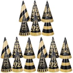 twelve black and gold party hats with the number twenty on it's top one is for