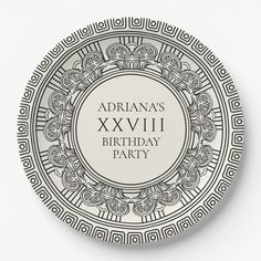 a birthday party plate with an ornamental design on the front and sides, in black and white