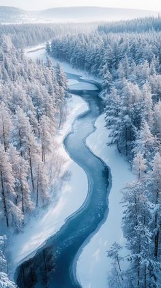 an aerial view of a river surrounded by snow covered trees