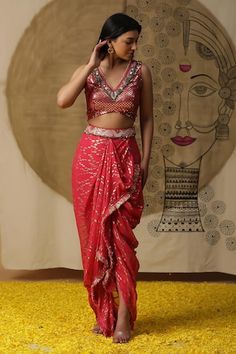 Coral textured blouse with embroidered neckline. Paired with a dhoti pant with matching texture, fringe details on hem and embroidered waist belt and a net cape. - Aza Fashions Bollywood Sleeveless Pre-draped Saree For Festive, Navratri Sleeveless Pre-draped Saree With Pallu, Sleeveless Pre-draped Saree For Navratri With Pallu, Traditional Sleeveless Pre-draped Saree For Festive Occasions, Texture Fringe, Sequins Blouse, Textured Blouse, Dhoti Pants, Georgette Blouse