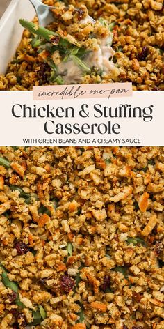 chicken and stuffing casserole with green beans and a creamy sauce on the side