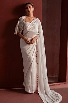 White pre-draped saree featuring embroidered mirrorwork buttis scalloped border. Comes with pitta work jacket, padded bustier and petticoat. - Aza Fashions Pitta Work, Georgette Jacket, Saree Georgette, Draped Saree, Work Women, Scalloped Border, Drape Saree, Open Jacket, Work Jacket