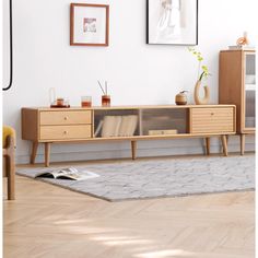 a living room scene with focus on the entertainment center and rug in the foreground