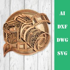 an image of a wooden carving with the words dxf and dwg on it