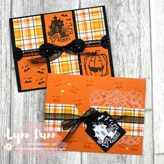 three halloween cards with plaid and pumpkins on them