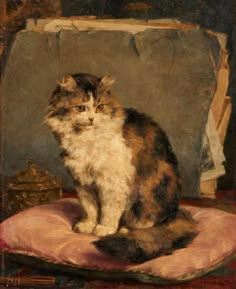 a painting of a cat sitting on a cushion