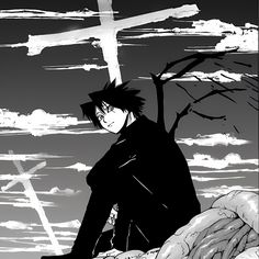 an anime character sitting on top of a rock with a cross in front of him