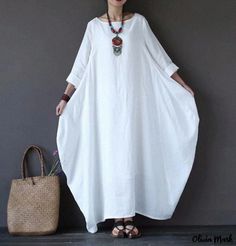 Olivia Mark - Loose-Fit Cotton Blend Nightgown Set Long Dress Plus Size, Sukienki Plus Size, Plain Maxi Dress, Stil Boho, Loose Maxi Dress, Cotton Linen Dresses, Oversize Women, Boho Shirts, Maxi Robes