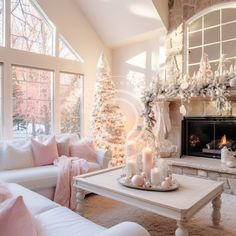 a living room decorated for christmas with white furniture and pink decorations on the coffee table