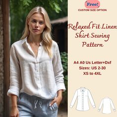 a women's shirt sewing pattern with the text, relaxed fit linen shirt sewing pattern