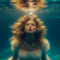 a woman in white dress under water with her head above the water's surface