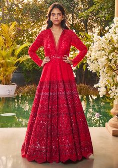 Jade By Monica & Karishma-Red Ombre Sequins Gown-INDIASPOPUP.COM Tone On Tone Embroidery, Ombre Gown, Sequins Gown, Organza Lehenga, Cocktail Gowns, Red Ombre, Tone On Tone, Indian Fashion Designers, Full Sleeves