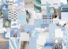 a collage of blue and white images