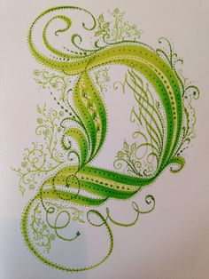 an artistically designed piece of paper with swirls and leaves in green on white background