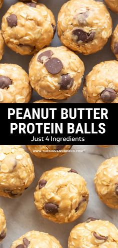 peanut butter protein balls with chocolate chips on top and the title above reads, peanut butter protein balls just 4 ingredients