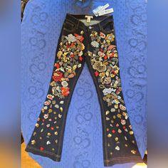 These Wild And Wonderful Alice And Olivia "Riley" Jeans Are New With Tags And Have Beautifully Embellished Floral Designs That Are Intricately Embroidered, Brilliantly Beaded And Sequined On The Front Of The Legs! These Gorgeous Low Rise, Bell Bottom Jeans Are A Size 25 And The Dark Indigo Denim Makes The Red, Gold, White, Silver And Light Blue Metallic Beads And Sequins Really Shine And Sparkle So Beautifully And Really Come To Life! High Rise Embellished Denim Jeans, Fitted Embellished Medium Wash Jeans, Dark Wash Embellished Straight Leg Bottoms, Mid-rise Embellished Denim Blue Bottoms, Embellished Fitted Dark Wash Jeans, Striped Pants Women, Y2k Trousers, Bell Jeans, Low Waisted Jeans