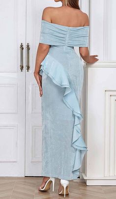 A off-the-shoulder maxi dress in a gorgeous tinged blue hue. Billowy ruffled sleeves frame the shoulders beautifully while the slim dress skims over curves. The off-shoulder neckline provides a flirtatious flash of décolletage. this maxi was made for beachside strolls. Gentle Dry Clean Only Colour may vary due to lighting on images. The product images (without model) are closest to the true colour of the product.Item runs true to size chart and is cut to suit our size chart. Please refer to our New Look Dresses, Satin Corset Dress, Plunge Mini Dress, Black Tie Gala, Slim Dress, Swimwear Dress, Ruffled Maxi Dress, Ruffled Sleeves, Slim Dresses