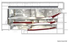 an architectural drawing of the interior of a building with red and white stairs leading up to it