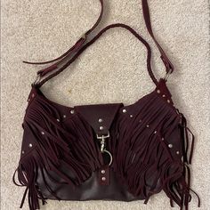 Handmade Burgundy Leather Purse With Clasp And Zipper. Beautiful Bag, Purchased And Never Used. Burgundy Leather Shoulder Bag With Palladium Hardware, Leather Fringe Clutch Bag, Chic Festival Shoulder Bag, Purse Handmade, Handcrafted Bags, Craft Bags, Beautiful Bags, Leather Purse, Black Cream