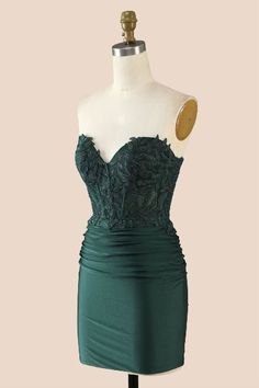 Dark Green Strapless Mini Dress Green Hoco Dress Short, Dark Green Hoco Dress, Dark Green Dress Short, Junior Prom Dresses Short, Green Homecoming Dress, Green Hoco Dress, Bodycon Dress Homecoming, Green Long Sleeve Dress, Lace Back Dresses