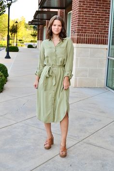 Light olive 3/4 sleeve, button down midi shirt dress with self tie belt Sizes S, M and L Fabric: 100% lyocell Midi Shirt Dress, Belt Tying, Tie Belt, Belt Size, Sleeve Dress, Dresses With Sleeves, Shirt Dress, Fabric, Dresses