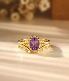 I hope the jewelry I design can heal you and bring you good mood, I wish you all the best! ❤ Setting Details ☆ Metal: 10K Solid Gold, Gold Plated, Sterling Silver ☆ Gold Color: Rose / White / Yellow Engagement Ring ❤ Main Stone Details ☆ Type: Amethyst ☆ Shape: Oval ☆ Size: 8*6 mm ☆ Weight of gold: about 2.77 g ☆ Band width: 1.5 mm ☆ Band Thickness: 1.25 mm Wedding Band ❤ Stones Details ☆ Type: Moissanite ☆ Total Carat Weight: approx 0.052 ct ☆ Shape: Round ☆ Color: DEF ☆ Clarity: VVS-VS ☆ Weigh Spiritual Purple Amethyst Wedding Ring, Purple Spiritual Wedding Jewelry, Handmade Yellow Gold Amethyst Ring For Wedding, Unique Purple Amethyst Ring For Wedding, Unique Purple Amethyst Wedding Ring, Unique Purple Jewelry For Wedding, Unique Amethyst Ring With Accent Stones For Wedding, Unique Oval Amethyst Wedding Ring, Heirloom Amethyst Ring With Gemstone Accents For Wedding