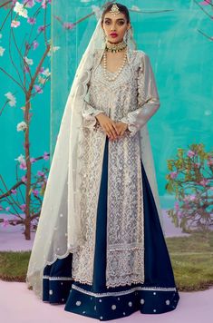 Buy Raw Silk Lehenga and Kameez Bridal Dress for Wedding – Nameera by Farooq Blue Garara, Lehenga Kameez, Nameera By Farooq, Tissue Fabric, Wedding Dresses Pakistani, Pakistani Bridal Dress, Raw Silk Lehenga, Dresses Pakistani, Embroidery Motif