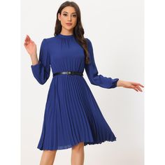 With a pleated front and swing hem details, this midi dress is designed for your elegant wearing style. Suitable for work, office, business, career, leisure, casual, shopping, daily wear, etc. Pair it with high heels and pretty bags for a stylish look. This casual beach dress has a high-waist design and an exquisite belt that allows you to adjust the tightness freely. Semi-formal Midi Dress With Pleated Sleeves, Elegant Knee-length Belted Pleated Dress, Blue Pleated Waist Midi Dress, Classic Midi Dress With Pleated Waist For Work, Solid Knee-length Business Dress, Solid Dresses With Pleated Sleeves For Work, Solid Dress With Pleated Sleeves For Work, Blue Pleated Knee-length Midi Dress, Office Midi Dress With Pleated Sleeves