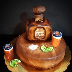 a cake made to look like a bottle of booze