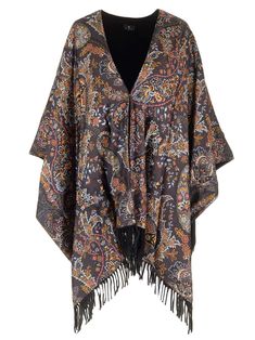 Cape from Etro in wool and silk decorated with a floral Paisley print on silk twill on the other and edges finished with maxi fringes. Elegant Paisley Print Pashmina Shawl For Fall, Elegant Fall Shawl With Tassels, Silk Pashmina Shawl For Fall, Fall Paisley Print Pashmina Shawl, Cape For Women, Silk Cape, Italian Textiles, Versace Designer, Pleats Please Issey Miyake